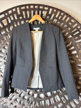 🩶Office Work Open Front Blazer Gray Stretch lined Women’s 4 H&M Button Sleeve🩶